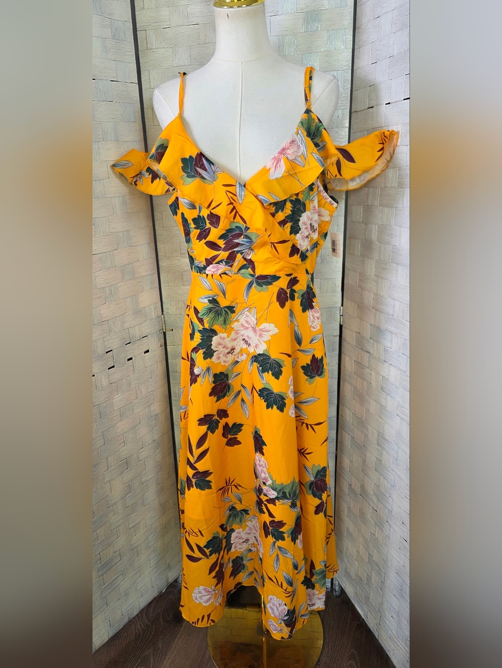 Yellow Floral Cold-Shoulder Maxi Dress